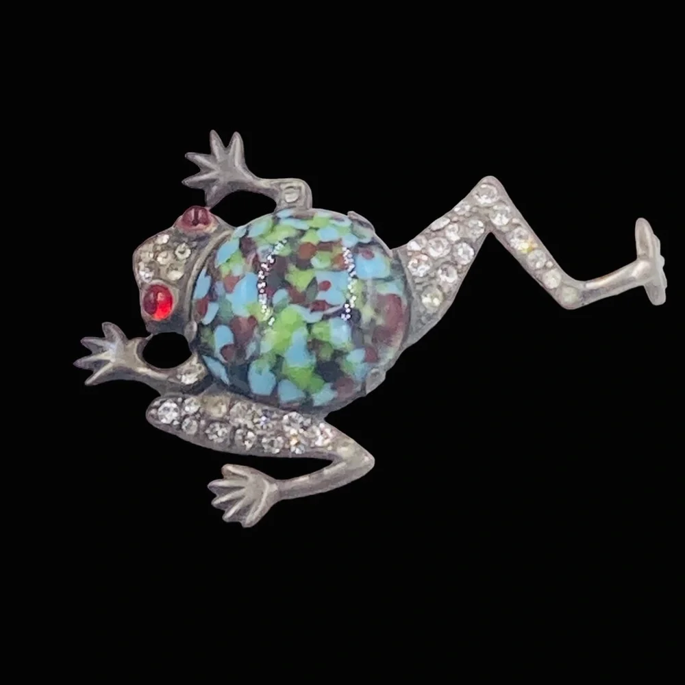 Mazer Sterling Art Glass Belly and Rhinestone Leaping Frog Brooch
